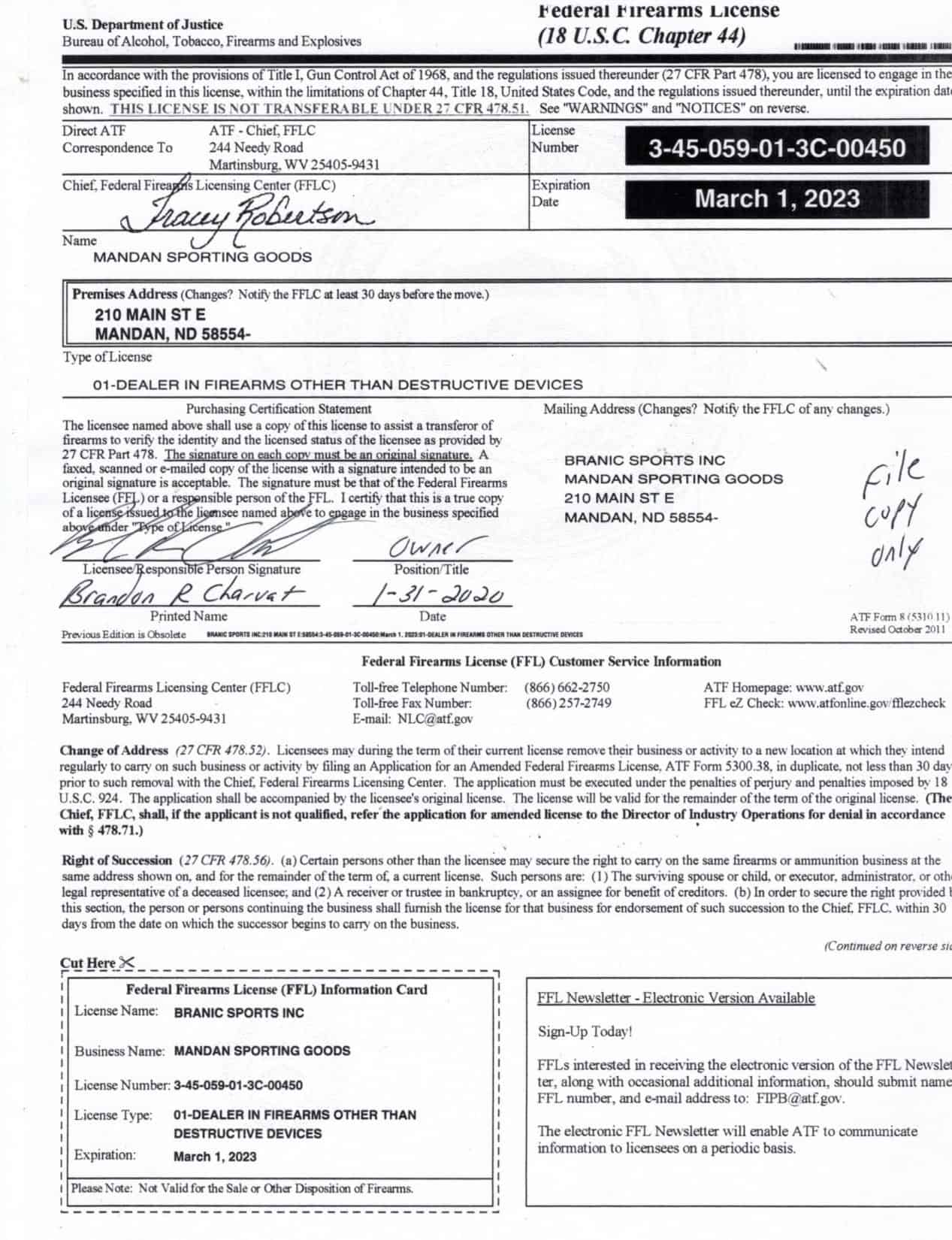 FFL Certificate - Mandan Sporting Goods